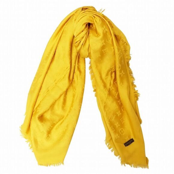 Louis Vuitton Monogram Large Shawl Scarf Fringe Silk Wool Yellow